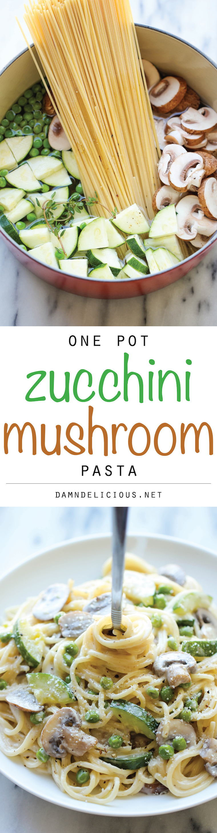 One Pot Zucchini Mushroom Pasta - An incredibly creamy, hearty pasta dish that you can make in just 20 minutes. Even the pasta gets cooked right in the pot!
