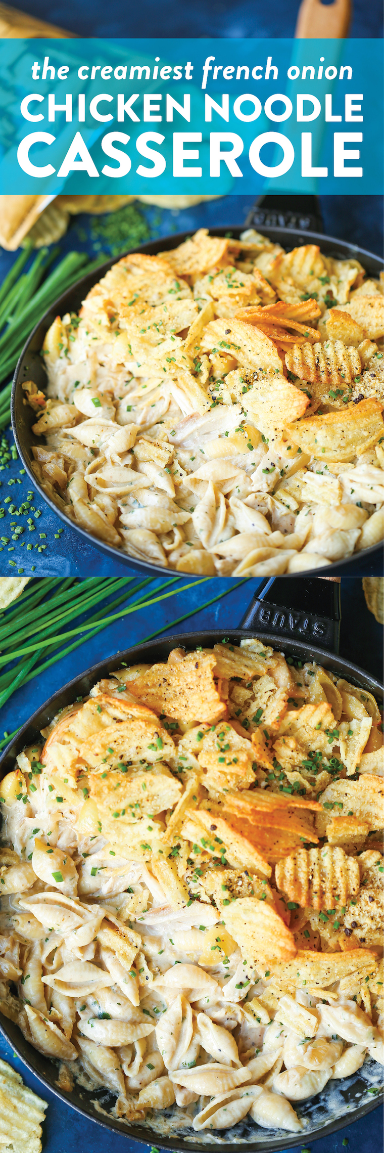French Onion Chicken Noodle Casserole - The coziest, most comforting casserole! With caramelized onions, rotisserie chicken, pasta and the best cream sauce!