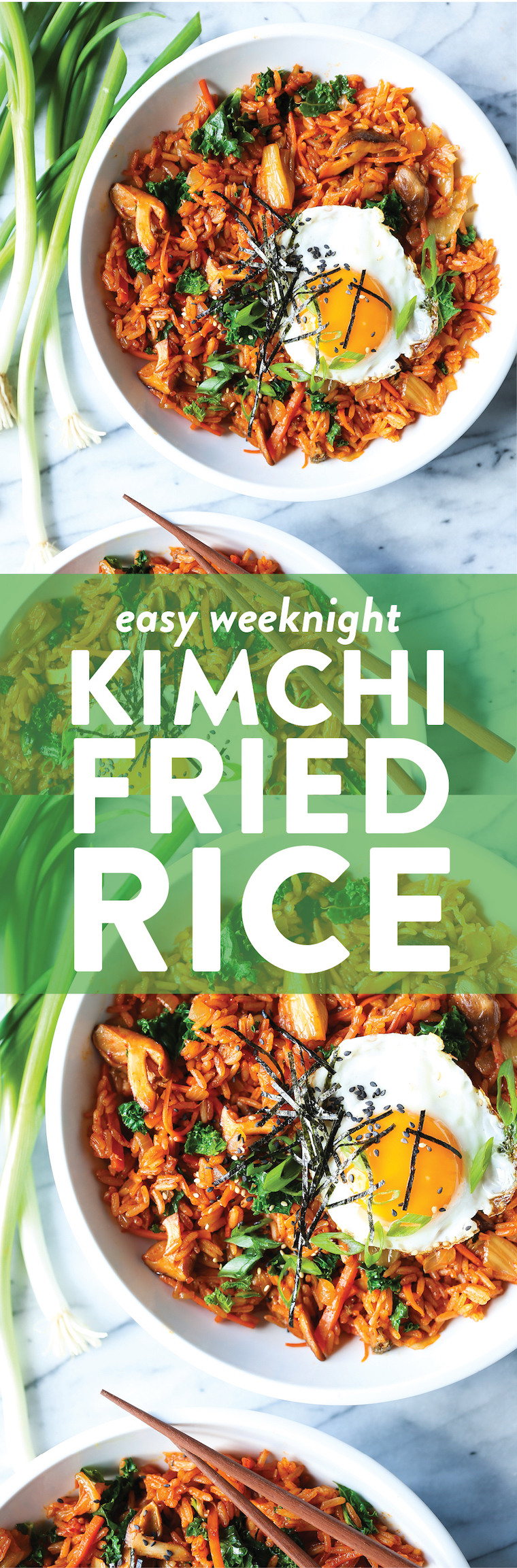 Kimchi Fried Rice - Homestyle fried rice made in just 30 min! Loaded with kimchi, mushrooms, carrots, kale and a fried egg! Sure to be a weeknight favorite!