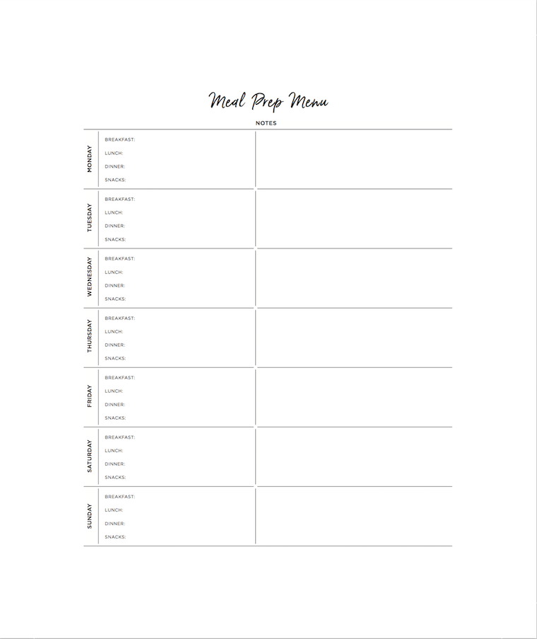 Meal prep menu