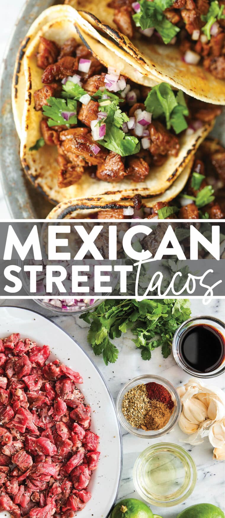 Mexican Street Tacos - Easy, quick, authentic carne asada street tacos you can make right at home! Top with onion, cilantro and lime juice!