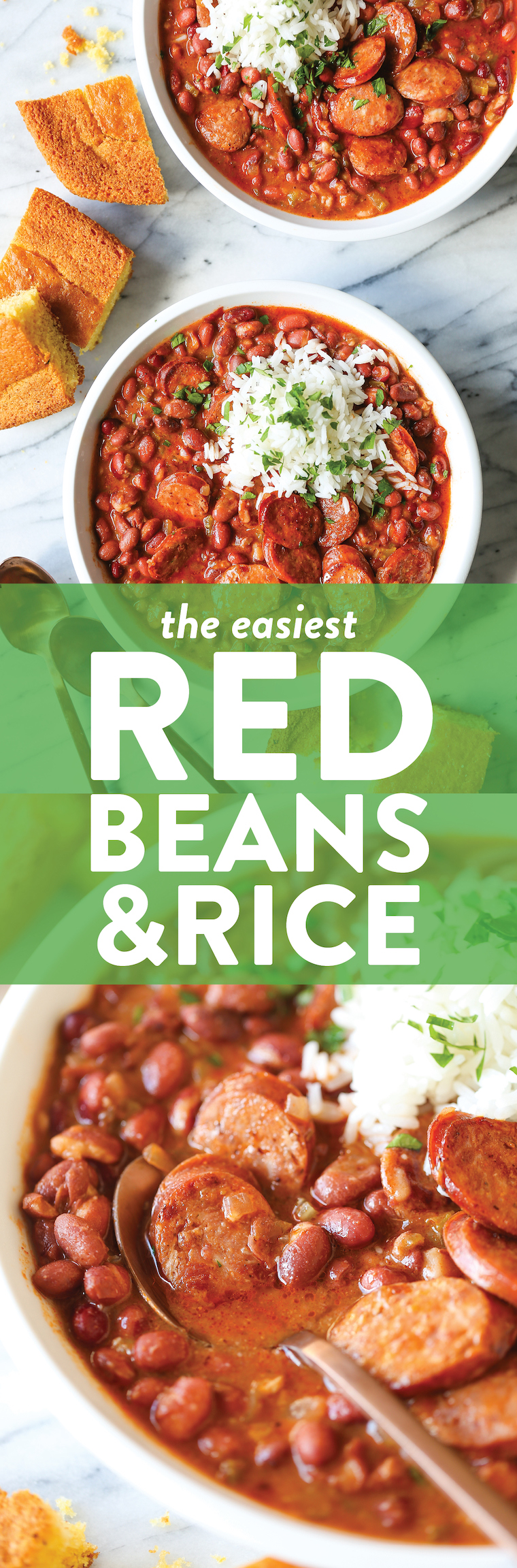 Red Beans and Rice - So thick, creamy, flavorful! Beans are cooked just right. Perfectly tender served with rice and smoky andouille sausage!
