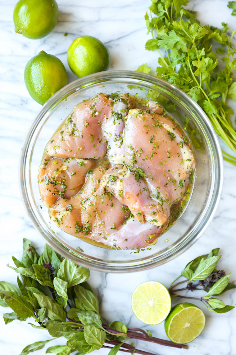 Thai Chicken Thighs - Cilantro, basil, fish sauce, lime juice + brown sugar makes for the best marinade ever! Grill or make on the stovetop!