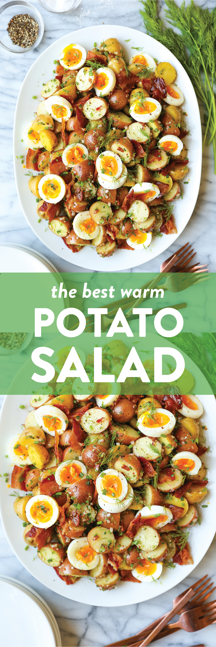 Warm Potato Salad - Crisp bacon with a Dijon vinaigrette and fresh dill with soft boiled eggs make for the best warm potato salad ever. So simple, so good.