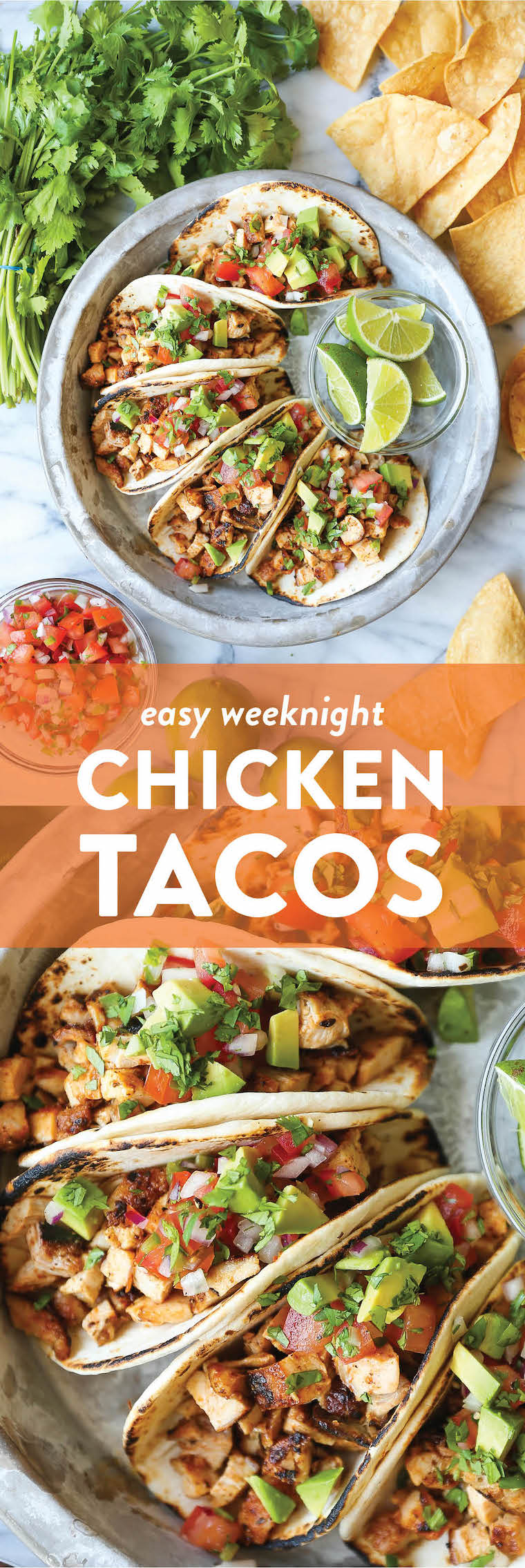 Easy Chicken Tacos - With a simple spice rub, the chicken is cooked quickly on the stovetop! Serve with pico de gallo, avocado + lime wedges!