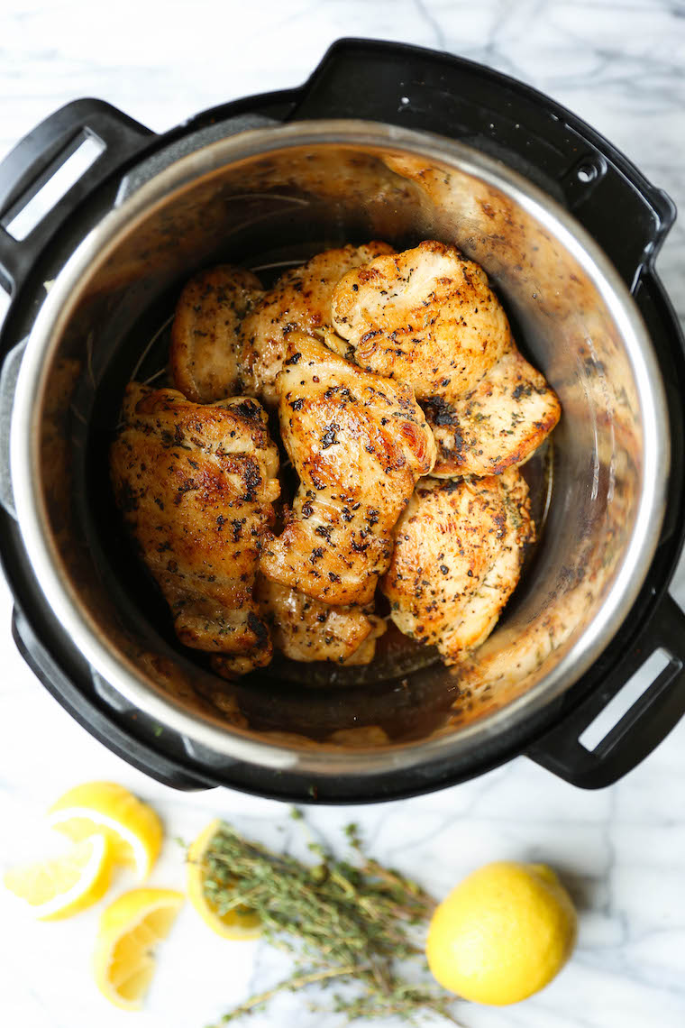 Instant Pot Lemon Chicken Thighs - Amazingly moist, tender, juicy lemon-thyme chicken, perfectly golden brown made in the IP in just 5 min!