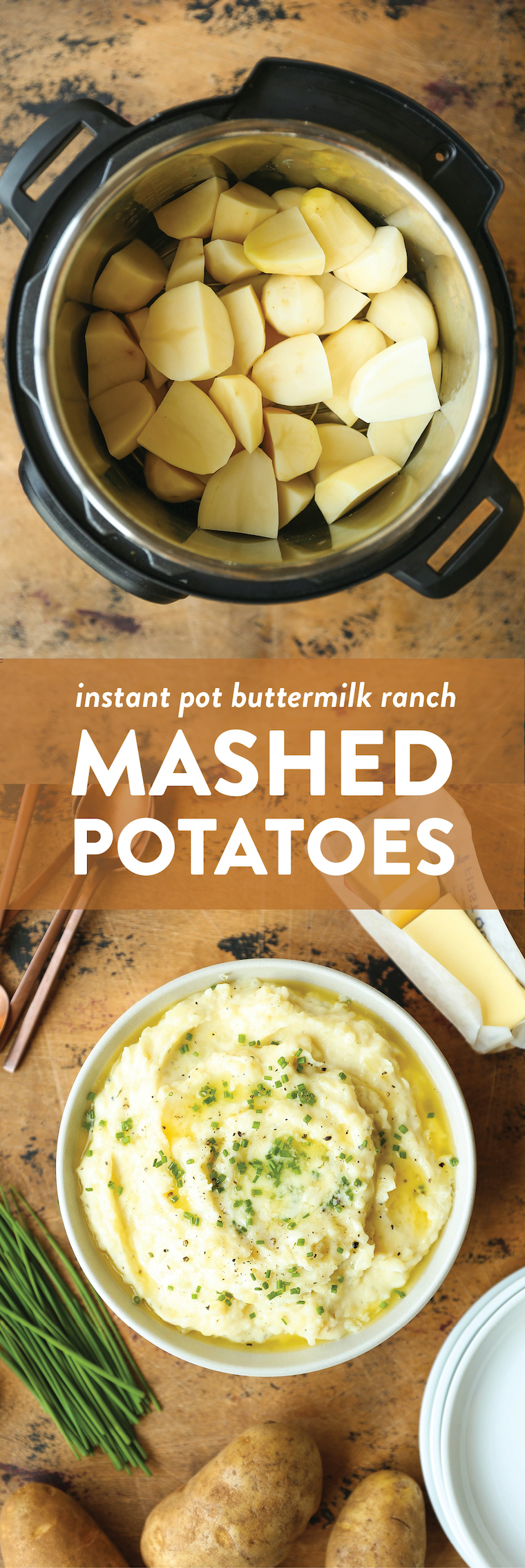 Instant Pot Mashed Potatoes - Oh-so-creamy buttermilk Ranch mashed potatoes! It does not get any easier or quicker than this. One pot, 10 min. MIND BLOWN.
