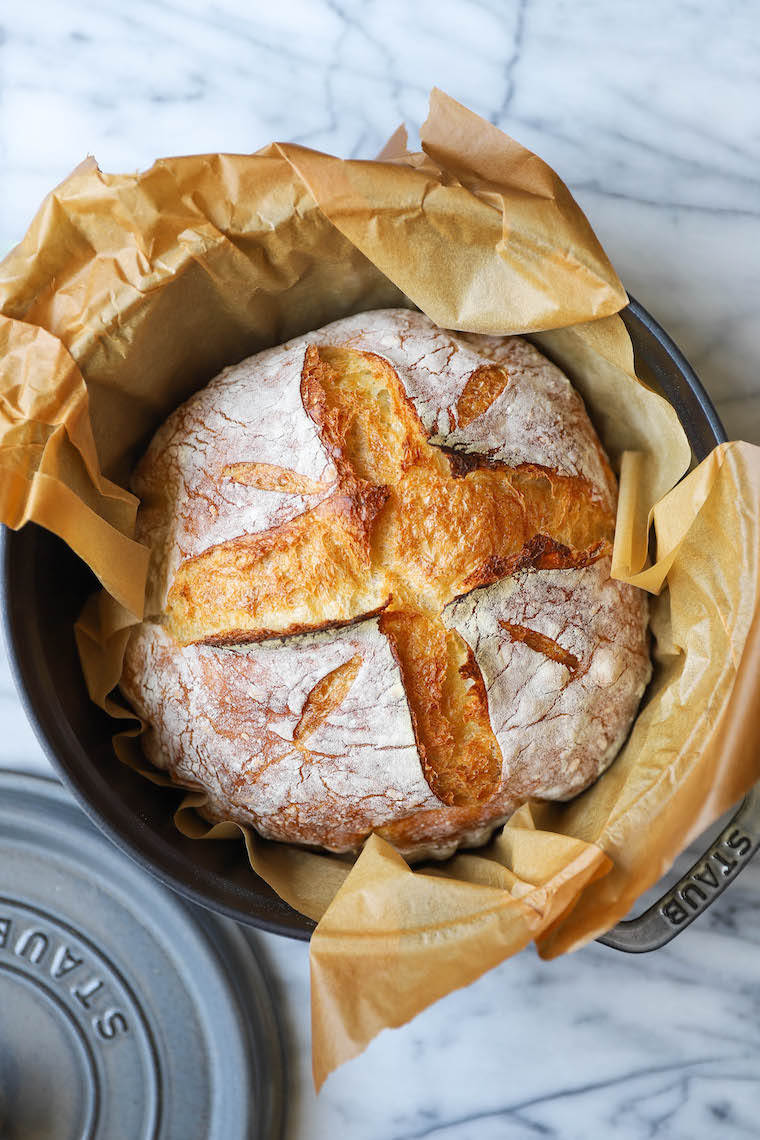 Easy No Knead Bread - FOOL-PROOF and only 4-ingredients! So hearty and rustic with the most amazing crust - so fluffy, soft + chewy inside.