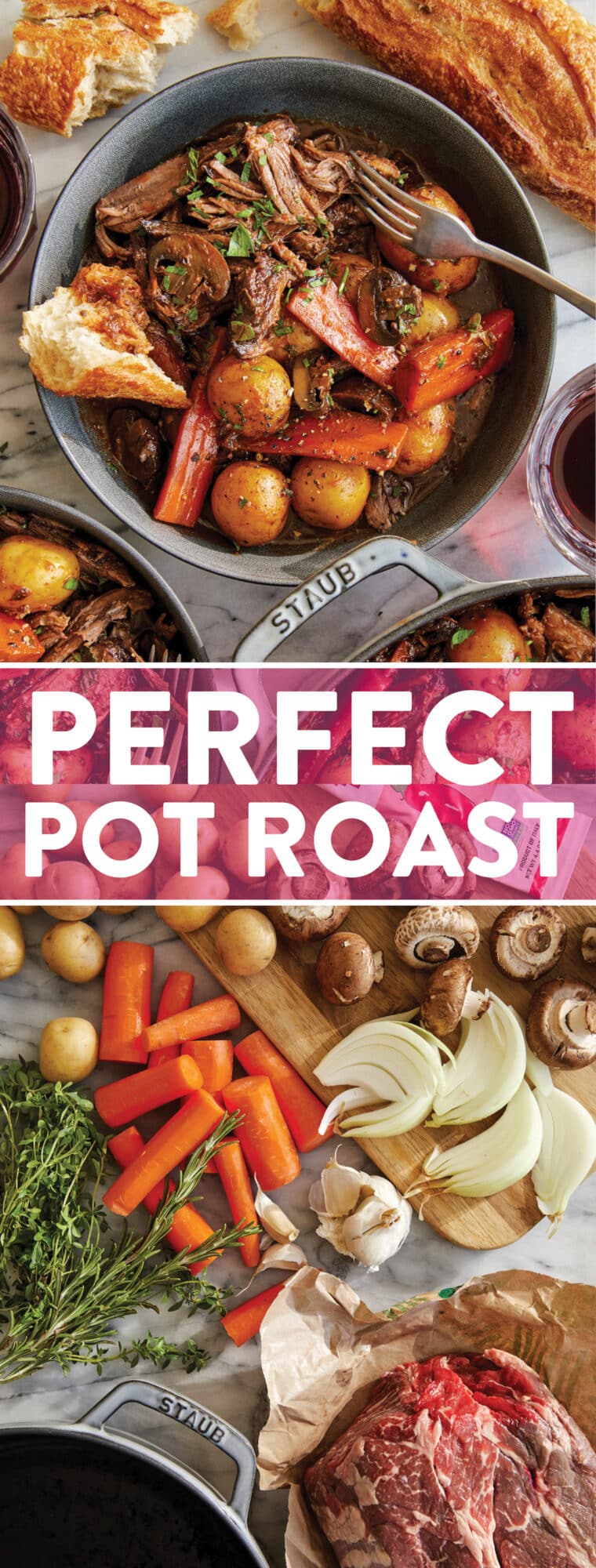 Perfect Pot Roast - Truly the best melt-in-your-mouth pot roast, cooked low and slow and simmered until perfection. Serve with crusty bread!