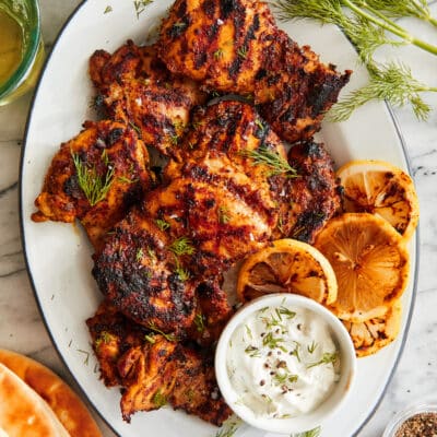 Easy chicken shawarma served in pita bread with tzatziki sauce