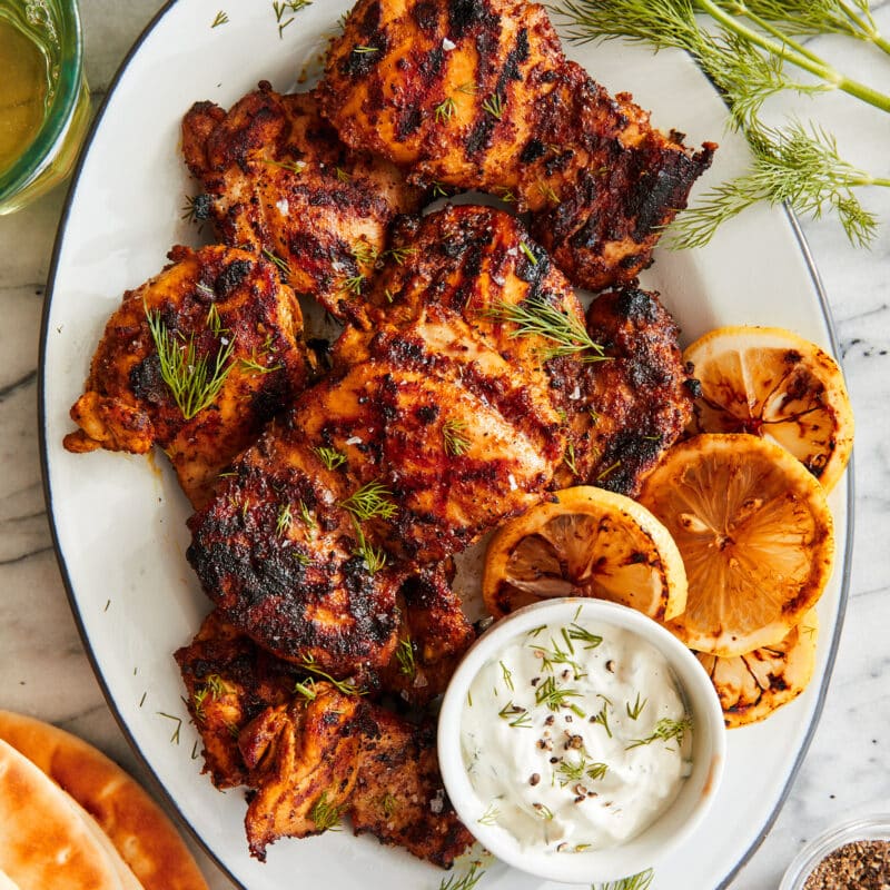 Easy chicken shawarma served in pita bread with tzatziki sauce