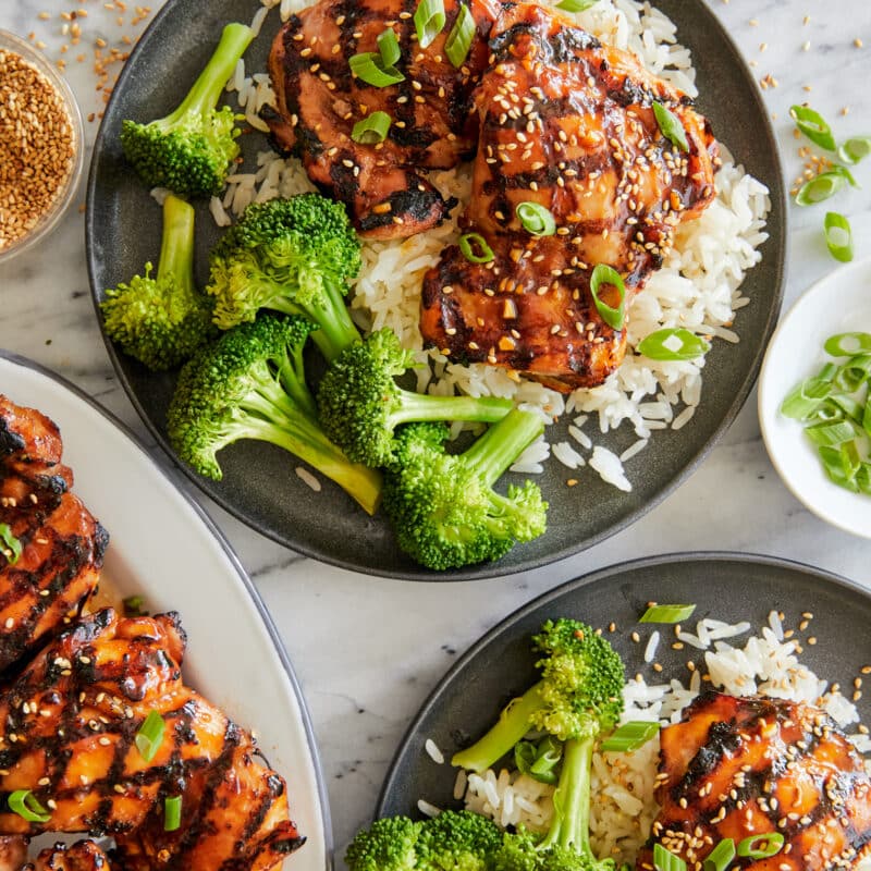Grilled chicken basted with homemade teriyaki sauce and served on white rice with steamed vegetables.