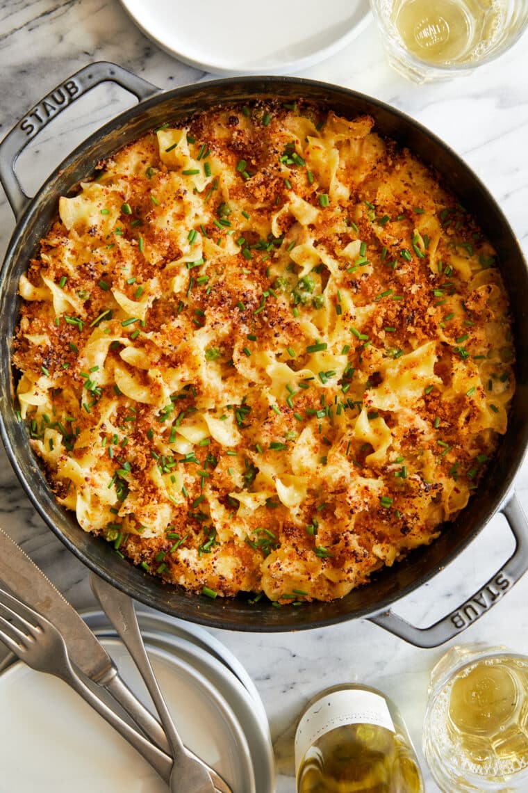 Creamy tuna noodle casserole recipe with egg noodles, tuna, peas, and golden Parmesan-Panko topping