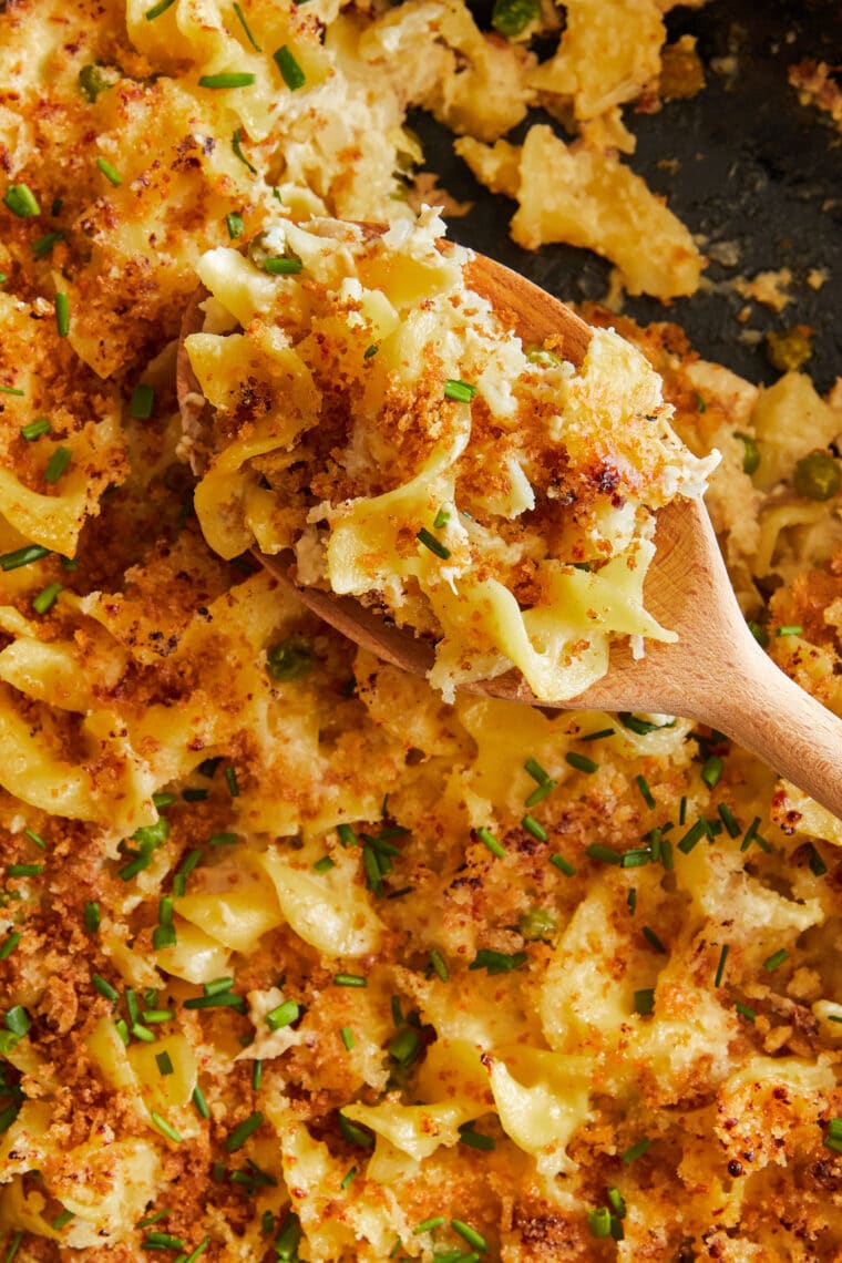 Golden baked tuna noodle casserole with Panko topping fresh out of oven