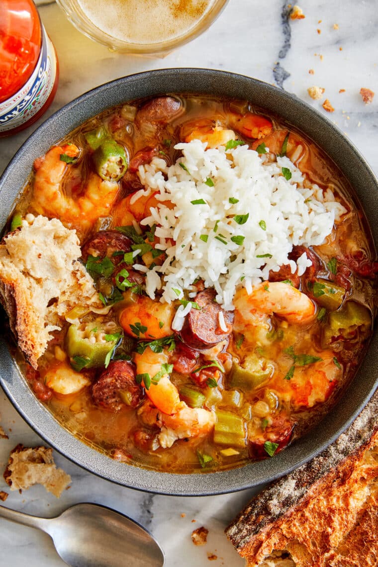 Easy Shrimp Gumbo - Classic comfort food stew simmered to perfection, filled with andouille sausage + shrimp. So cozy and just so darn good.