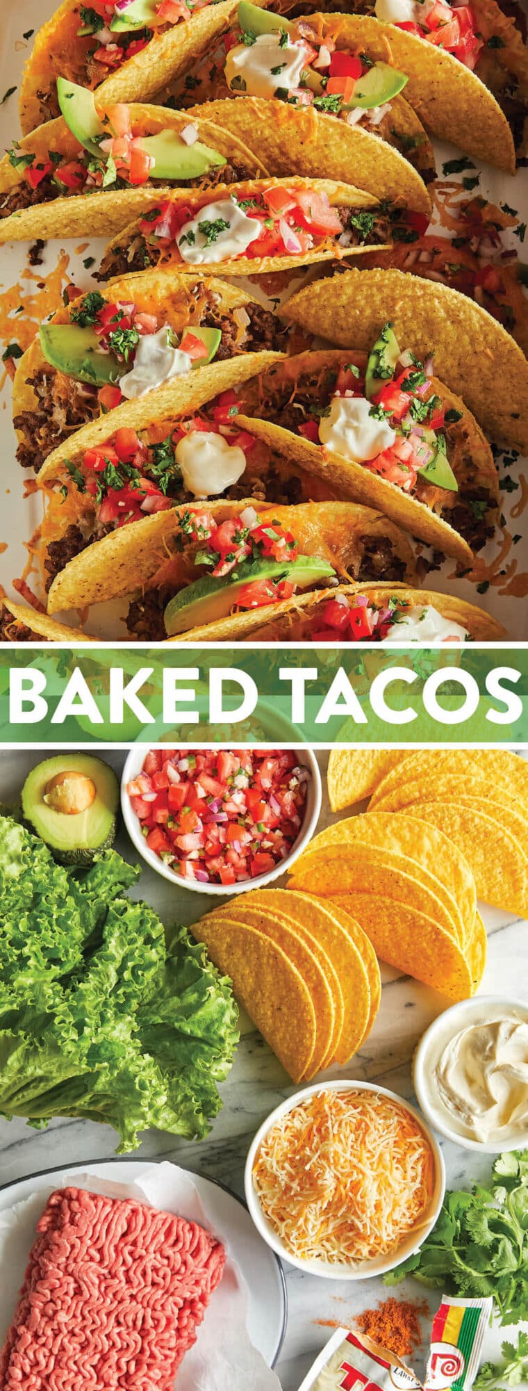 Baked Tacos - Crispy oven baked tacos! Made with hard taco shells, ground beef, taco seasoning, cheese, pico de gallo, sour cream + avocado!