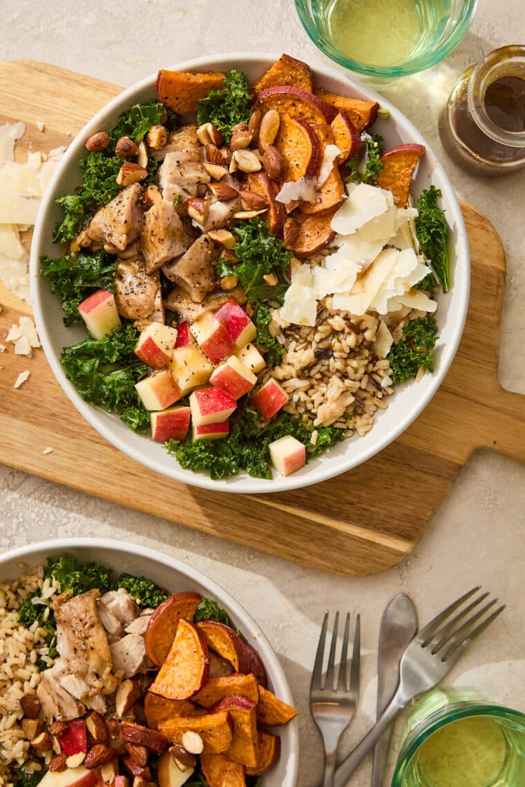 Chicken Harvest Bowl (Sweetgreen Copycat) - Kale, wild rice, chicken, sweet potatoes + balsamic vinaigrette! Much cheaper and so much tastier!